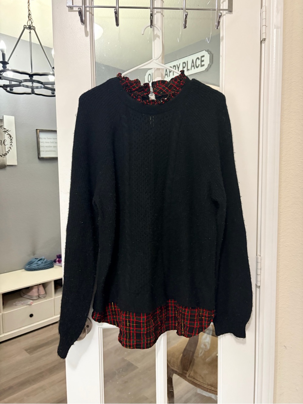 LOFT Black Knit Sweater with Red Plaid Ruffle Trim